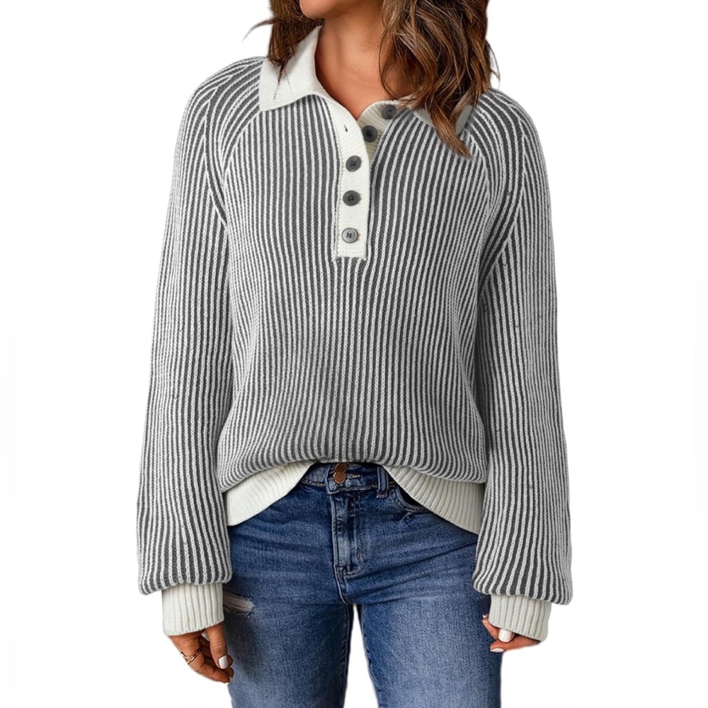 SHEWIN Casual Polo V Neck Long Sleeve 1/4 Button Down Striped Sweater